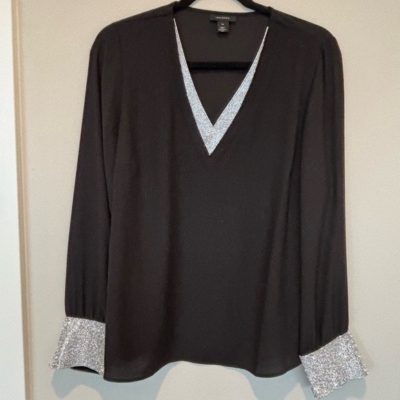 Halogen Tops - Halogen Black Long-Sleeve V-Neck Top with Silver Trim 129